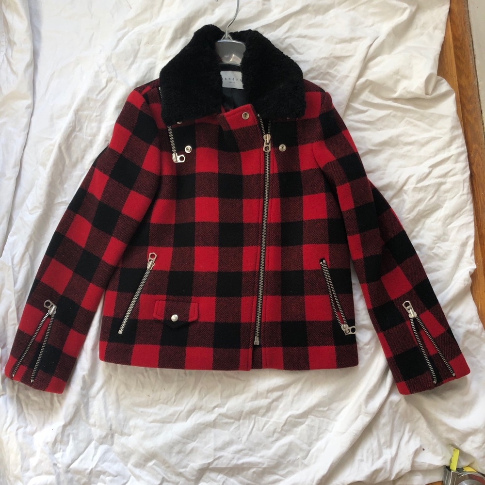 NWT Sandro Minds Shearling Red Plaid Moto Jacket - Picture 9 of 10